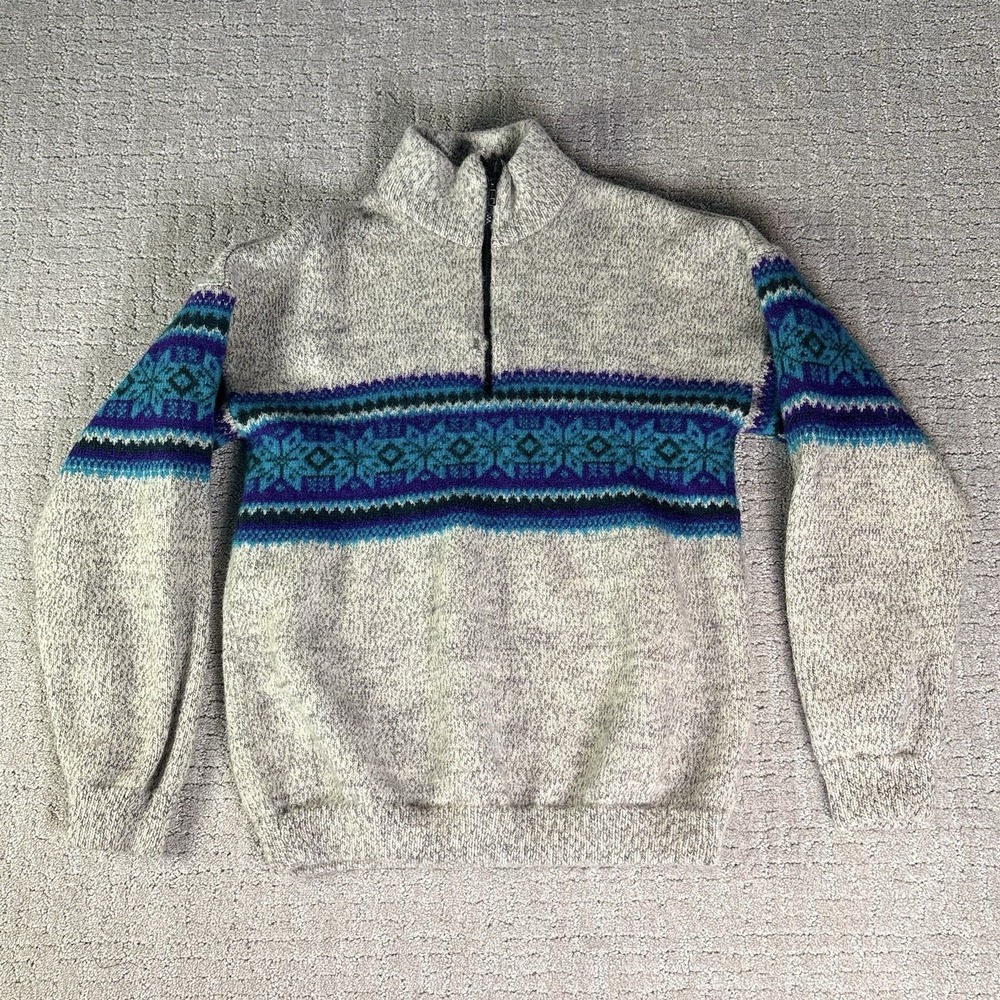 Wapiti Woolies Vintage 100% Wool Sweater Quarter Zip Geometric Nordic Rare XL